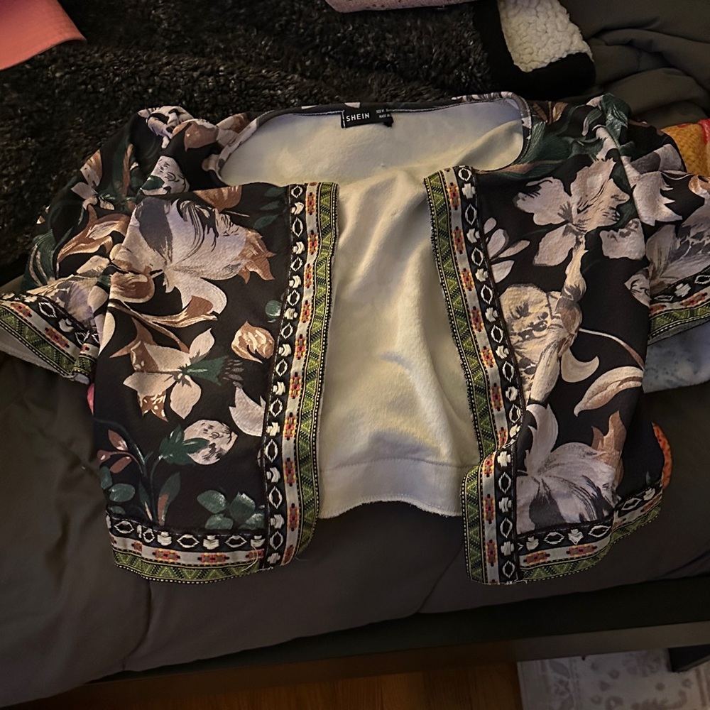SHEIN Black Floral Blazer with Multicolor Trim
